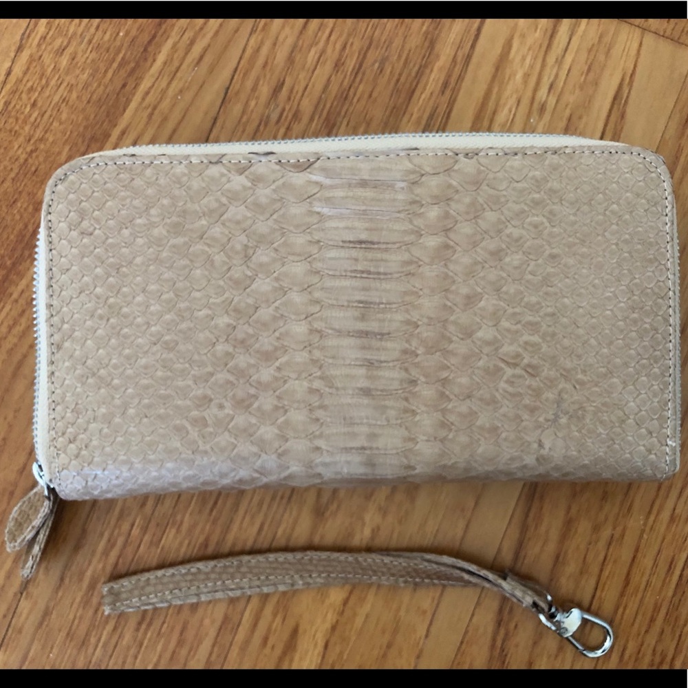 Python Double Zip Clutch Wristlet (Beige)